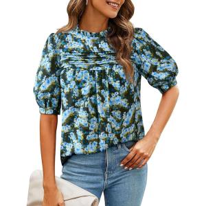 PRETTYGARDEN Floral Tops for Women Blouses Dressy Casual 2026 Summer Trendy Outfits Boho Pleated Short Sleeve Shirts(Floral Blue Yellow)