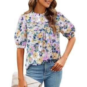 PRETTYGARDEN Floral Tops for Women Blouses Dressy Casual 2026 Summer Trendy Outfits Boho Pleated Short Sleeve Shirts(Floral Purple Pink)