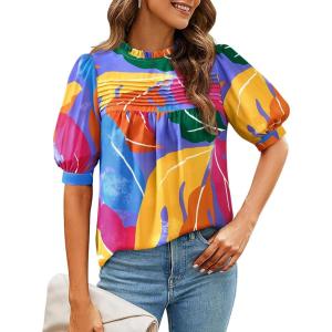 PRETTYGARDEN Floral Tops for Women Blouses Dressy Casual 2026 Summer Trendy Outfits Boho Pleated Short Sleeve Shirts(Multicolored Flower)