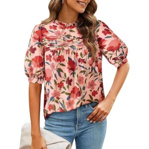PRETTYGARDEN Floral Tops for Women Blouses Dressy Casual 2026 Summer Trendy Outfits Boho Pleated Short Sleeve Shirts(Pink Red Flower)