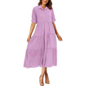 PRETTYGARDEN Long Dress for Women Summer Button Up Short Sleeve Plain Ruffle Maxi Dresses (Solid Purple,Large)