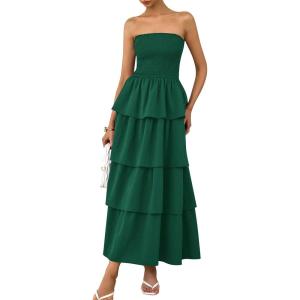 PRETTYGARDEN Maxi Dresses for Women 2025 Summer Off Shoulder Smocked Tiered Ruffle Long Flowy Wedding Guest Dress(Dark Green)