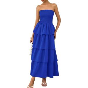 PRETTYGARDEN Maxi Dresses for Women 2025 Summer Off Shoulder Smocked Tiered Ruffle Long Flowy Wedding Guest Dress(Royal Blue)