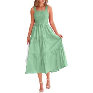 PRETTYGARDEN Midi Dress for Women 2025 Summer Smocked Ruffle A Line Long Flowy Dresses Cute Sleeveless Beach Sundress