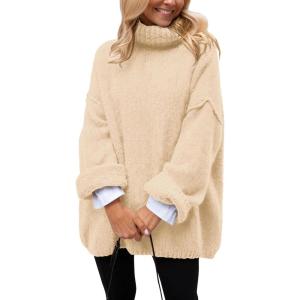 PRETTYGARDEN Oversized Sweaters for Women Chunky Turtleneck Sweater Fall Fashion Clothes Long Sleeve Tops Winter Clothing(Beige)