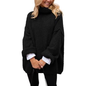 PRETTYGARDEN Oversized Sweaters for Women Chunky Turtleneck Sweater Fall Fashion Clothes Long Sleeve Tops Winter Clothing(Black)