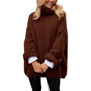 PRETTYGARDEN Oversized Sweaters for Women Chunky Turtleneck Sweater Fall Fashion Clothes Long Sleeve Tops Winter Clothing(Dark Coffee)