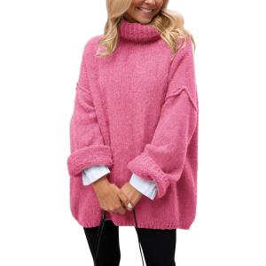 PRETTYGARDEN Oversized Sweaters for Women Chunky Turtleneck Sweater Fall Fashion Clothes Long Sleeve Tops Winter Clothing(Pink)