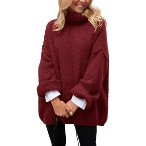 PRETTYGARDEN Oversized Sweaters for Women Chunky Turtleneck Sweater Fall Fashion Clothes Long Sleeve Tops Winter Clothing(Wine Red)