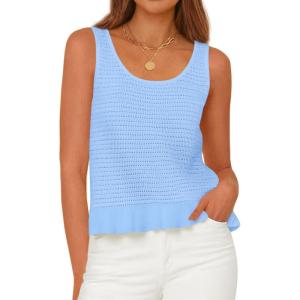 PRETTYGARDEN Sleeveless Sweater Tops for Women 2026 Spring Boho Tank Top Summer Crochet Scoop Neck Beach Vacation Clothes(Light Blue)