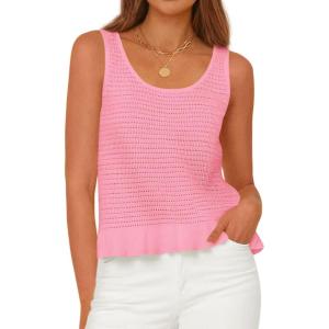PRETTYGARDEN Sleeveless Sweater Tops for Women 2026 Spring Boho Tank Top Summer Crochet Scoop Neck Beach Vacation Clothes(Pink)