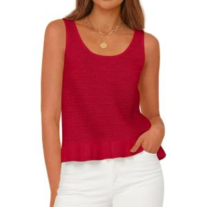 PRETTYGARDEN Sleeveless Sweater Tops for Women 2026 Spring Boho Tank Top Summer Crochet Scoop Neck Beach Vacation Clothes(Red)