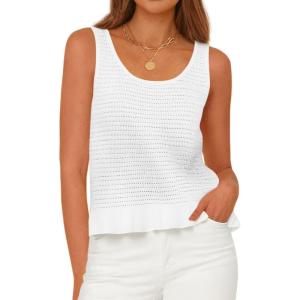 PRETTYGARDEN Sleeveless Sweater Tops for Women 2026 Spring Boho Tank Top Summer Crochet Scoop Neck Beach Vacation Clothes(White)