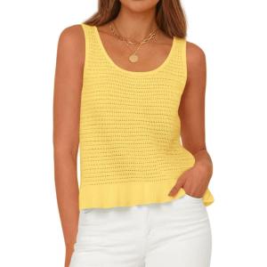 PRETTYGARDEN Sleeveless Sweater Tops for Women 2026 Spring Boho Tank Top Summer Crochet Scoop Neck Beach Vacation Clothes(Yellow)