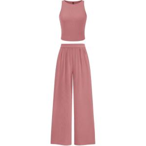 PRETTYGARDEN Spring Two Piece Sets For Women 2025 Ribbed Knit Crew Neck Sleeveless Tank Tops Wide Leg Pants Casual Lounge Set