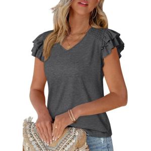 PRETTYGARDEN Summer Tops for Women 2026 Spring Trendy Fashion Clothes Casual Ruffle V Neck Short Sleeve Shirts Blouses(Dark Grey)