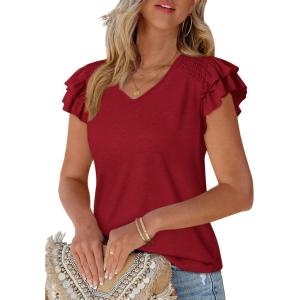 PRETTYGARDEN Summer Tops for Women 2026 Spring Trendy Fashion Clothes Casual Ruffle V Neck Short Sleeve Shirts Blouses(Wine Red)