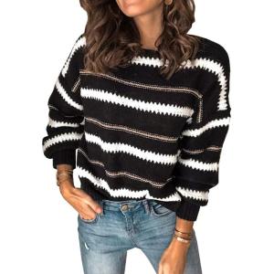 PRETTYGARDEN Sweaters for Women 2026 Long Sleeve Striped Knitted V Neck Pullover Jumper Tops Fall Outfits Fashion Clothing(Narrow Striped Black)