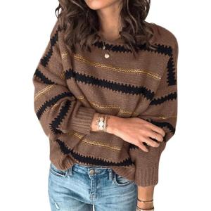 PRETTYGARDEN Sweaters for Women 2026 Long Sleeve Striped Knitted V Neck Pullover Jumper Tops Fall Outfits Fashion Clothing(Narrow Striped Brown)