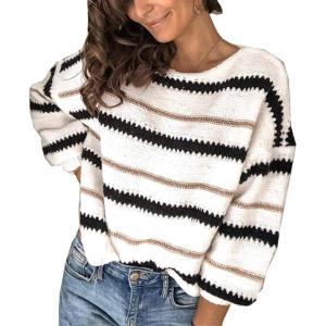 PRETTYGARDEN Sweaters for Women 2026 Long Sleeve Striped Knitted V Neck Pullover Jumper Tops Fall Outfits Fashion Clothing(Narrow Striped White)