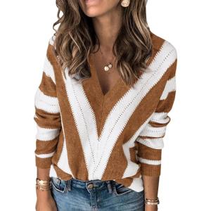 PRETTYGARDEN Sweaters for Women 2026 Long Sleeve Striped Knitted V Neck Pullover Jumper Tops Fall Outfits Fashion Clothing(Striped Coffee)