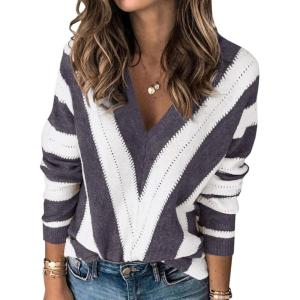 PRETTYGARDEN Sweaters for Women 2026 Long Sleeve Striped Knitted V Neck Pullover Jumper Tops Fall Outfits Fashion Clothing(Striped Dark Grey)