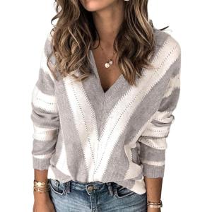 PRETTYGARDEN Sweaters for Women 2026 Long Sleeve Striped Knitted V Neck Pullover Jumper Tops Fall Outfits Fashion Clothing(Striped Grey)