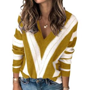 PRETTYGARDEN Sweaters for Women 2026 Long Sleeve Striped Knitted V Neck Pullover Jumper Tops Fall Outfits Fashion Clothing(Striped Mustard Yellow)