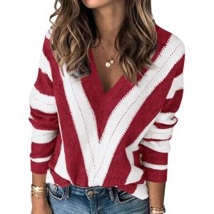 PRETTYGARDEN Sweaters for Women 2026 Long Sleeve Striped Knitted V Neck Pullover Jumper Tops Fall Outfits Fashion Clothing(Striped Red)