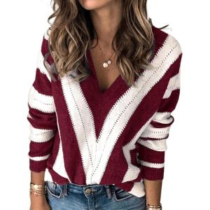 PRETTYGARDEN Sweaters for Women 2026 Long Sleeve Striped Knitted V Neck Pullover Jumper Tops Fall Outfits Fashion Clothing(Striped Wine Red)