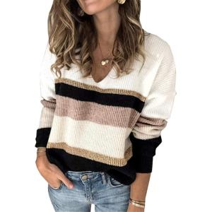 PRETTYGARDEN Sweaters for Women 2026 Long Sleeve Striped Knitted V Neck Pullover Jumper Tops Fall Outfits Fashion Clothing(Wide Striped Pink)