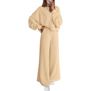 PRETTYGARDEN Women 2 Piece Outfits 2025 Fall Sweatsuits Crewneck Sweatshirt Wide Leg Sweatpants Lounge Sets Tracksuit(Apricot)