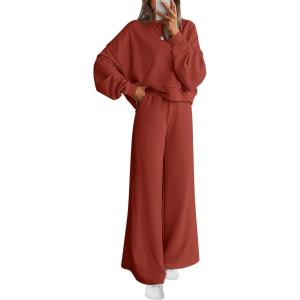 PRETTYGARDEN Women 2 Piece Outfits 2025 Fall Sweatsuits Crewneck Sweatshirt Wide Leg Sweatpants Lounge Sets Tracksuit(Brick Red)