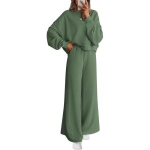 PRETTYGARDEN Women 2 Piece Outfits 2025 Fall Sweatsuits Crewneck Sweatshirt Wide Leg Sweatpants Lounge Sets Tracksuit(Green)