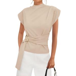 PRETTYGARDEN Women Blouses Spring Dressy Cap Sleeve Mock Neck Work Shirts Buckle Tunic Summer Business Casual Tops 2026(Beige)