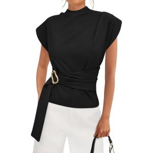 PRETTYGARDEN Women Blouses Spring Dressy Cap Sleeve Mock Neck Work Shirts Buckle Tunic Summer Business Casual Tops 2026(Black)