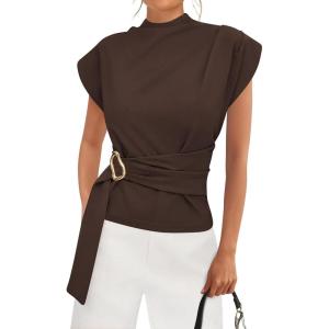 PRETTYGARDEN Women Blouses Spring Dressy Cap Sleeve Mock Neck Work Shirts Buckle Tunic Summer Business Casual Tops 2026(Brown)