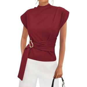 PRETTYGARDEN Women Blouses Spring Dressy Cap Sleeve Mock Neck Work Shirts Buckle Tunic Summer Business Casual Tops 2026(Burgundy)