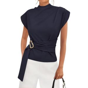 PRETTYGARDEN Women Blouses Spring Dressy Cap Sleeve Mock Neck Work Shirts Buckle Tunic Summer Business Casual Tops 2026(Navy Blue)