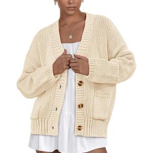 PRETTYGARDEN Women’s 2025 Fall Cardigan Sweaters Long Sleeve Open Front Button Up V Neck Knit Winter Fashion Clothes(Beige)