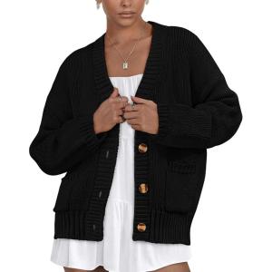 PRETTYGARDEN Women’s 2025 Fall Cardigan Sweaters Long Sleeve Open Front Button Up V Neck Knit Winter Fashion Clothes(Black)