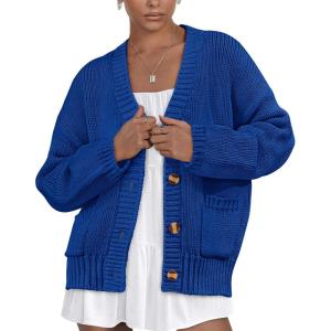 PRETTYGARDEN Women’s 2025 Fall Cardigan Sweaters Long Sleeve Open Front Button Up V Neck Knit Winter Fashion Clothes(Bright Blue)