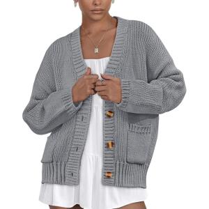 PRETTYGARDEN Women’s 2025 Fall Cardigan Sweaters Long Sleeve Open Front Button Up V Neck Knit Winter Fashion Clothes(Grey)