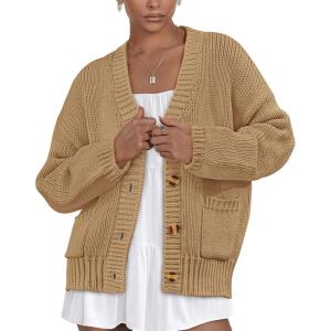 PRETTYGARDEN Women’s 2025 Fall Cardigan Sweaters Long Sleeve Open Front Button Up V Neck Knit Winter Fashion Clothes(Khaki)