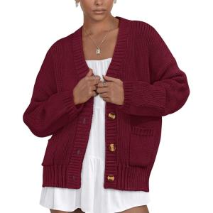 PRETTYGARDEN Women’s 2025 Fall Cardigan Sweaters Long Sleeve Open Front Button Up V Neck Knit Winter Fashion Clothes(Wine Red)