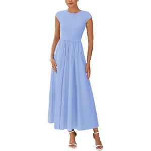 PRETTYGARDEN Women’s 2025 Summer Casual Long Dresses Cap Sleeve Patchwork A Line Flowy Modest Elegant Homecoming Maxi Dress(Light Blue)