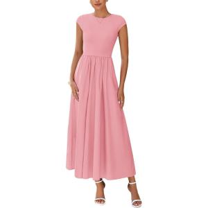 PRETTYGARDEN Women’s 2025 Summer Casual Long Dresses Cap Sleeve Patchwork A Line Flowy Modest Elegant Homecoming Maxi Dress(Pink)