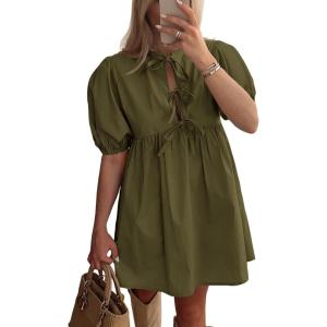 PRETTYGARDEN Womens 2025 Summer Casual Short Sleeve Dresses A Line Bow Tie Front Babydoll Loose Cute Mini Dress with Pockets(Army Green)
