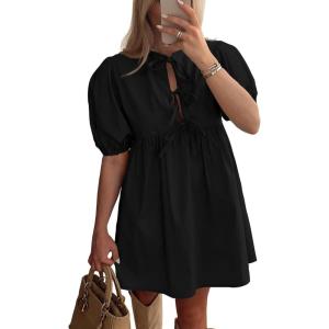PRETTYGARDEN Womens 2025 Summer Casual Short Sleeve Dresses A Line Bow Tie Front Babydoll Loose Cute Mini Dress with Pockets(Black)