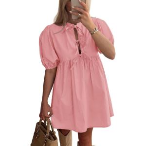 PRETTYGARDEN Womens 2025 Summer Casual Short Sleeve Dresses A Line Bow Tie Front Babydoll Loose Cute Mini Dress with Pockets(Light Pink)